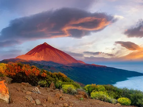 Mount Teide in Tenerife at sunset, above a sea of clouds